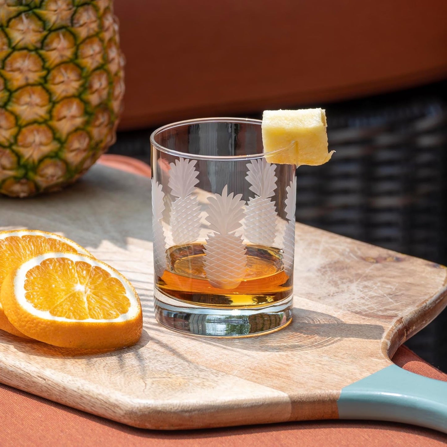 Rolf Glass Fresh Pineapple Double Old Fashioned Glass | 13oz Etched Whiskey Tumblers | Lead-Free and Diamond-Wheel Engraved | Made in the US | Tropical Etched Pineapple Design | Set of 4