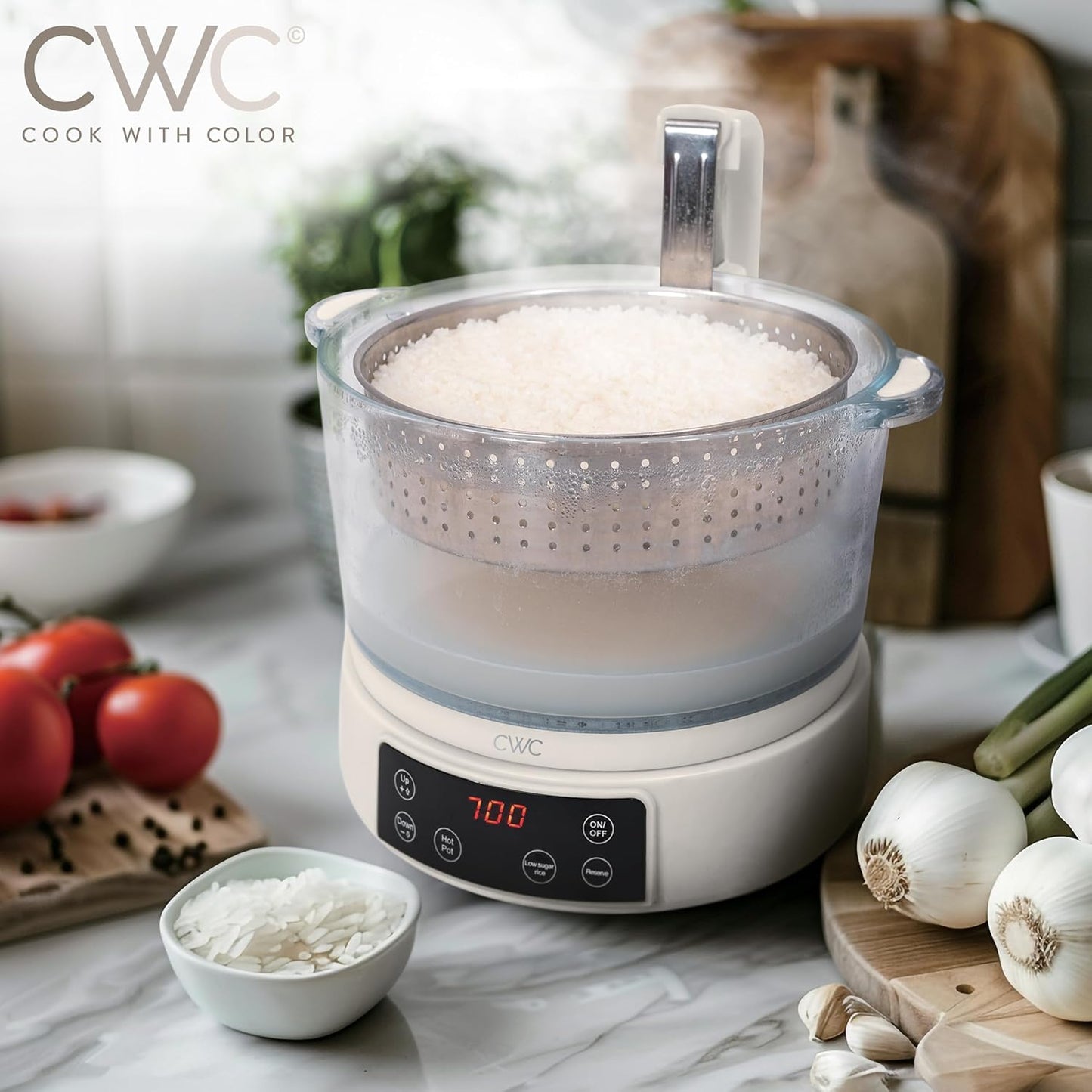 COOK WITH COLOR 3L Glass Low Carb Rice Cooker - Makes 6 Cups Cooked Low Sugar Rice with Auto Lift Filter Basket, Hotpot & Steamer for Rice, Grains and Oats, Digital Panel with Keep Warm, Cream