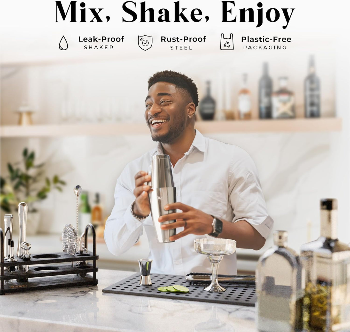 BARE BARREL® Mixology Bartender Kit Bar Set | 14-Piece Cocktail Shaker Set | Martini Barware Mixing Tools for Home Bartending | 35 Recipe Cards | Gift Set (28oz Boston Shaker, Silver/Black)