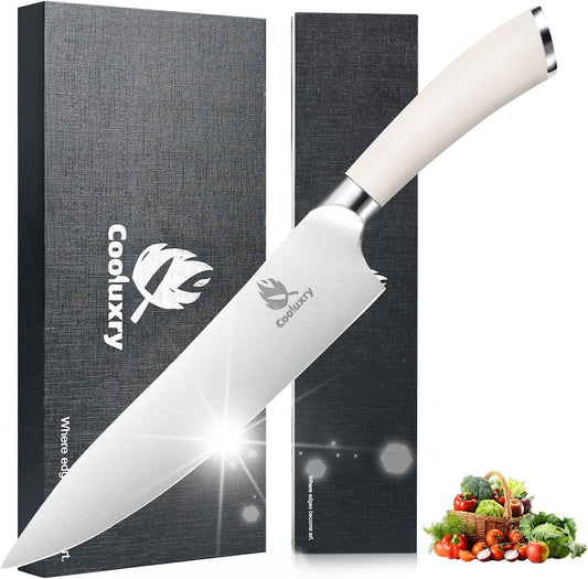 Professional White Chef Knife - 8 Inch High Carbon Stainless Steel Kitchen Knife with Ergonomic White Handle for Precise Cutting