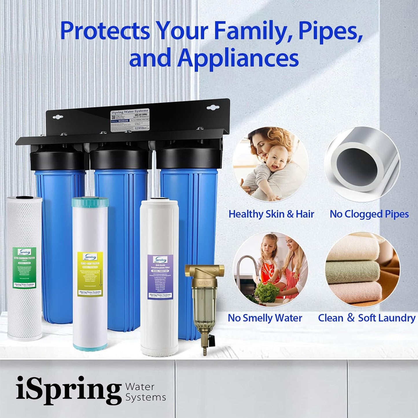 iSpring Whole House Water Filter System w/Spin Down Sediment Filter, Polyphosphate Anti-Scale, GAC+KDF, and Carbon Block Water Filters, Water Descaler and Water Filter, Model: WGB32B-KDS+WSP50
