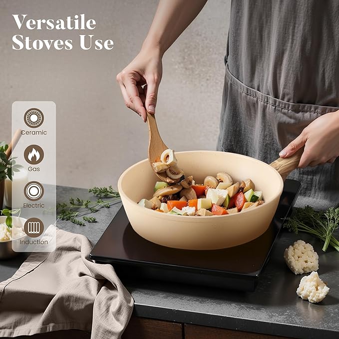 Kitchen Academy Induction Pots and Pans Set Non Stick - 12 Pieces Nonstick Kitchen Cookware Set, Granite Cooking Set Pots and Pans, Beige