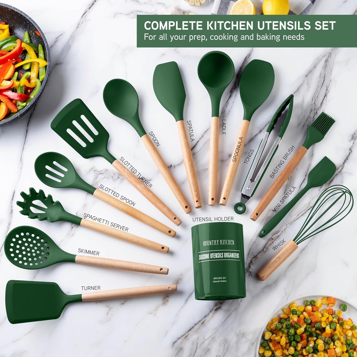 Country Kitchen Non Stick Silicone Utensil Set with Rounded Wood Handles for Cooking and Baking, 14 Piece Set, Green