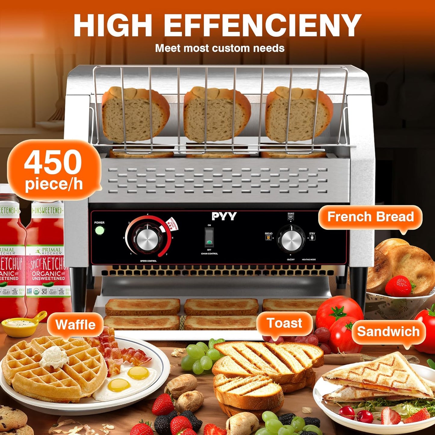 PYY Commercial Conveyor Toaster 450 Slices/Hour, Electric Conveyor Belt Toaster for Toast, Bun, Bagel, Bread, Heavy Duty Stainless Steel Toaster Oven for Restaurant, Bakery, Buffet Use