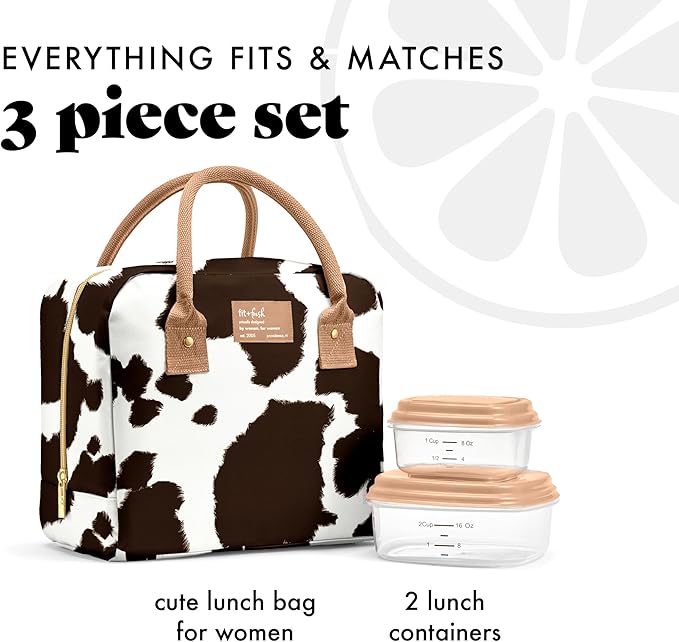 Fit & Fresh Bloomington Lunch Bag for Women - Insulated Large Lunch Box for Work with Containers, Leak-Resistant, Stain-Resistant, Zipper Closure, Cowhide
