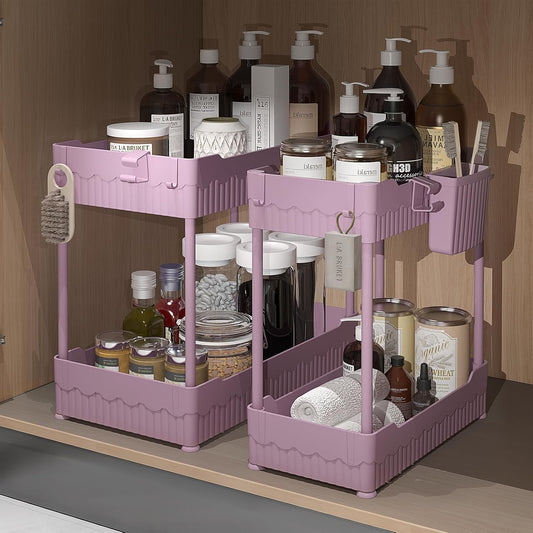 2 Pack Under Sink Organizer, Under Bathroom Cabinet Organizer with Hooks Hanging Cup, Multi-Purpose Storage Shelf for Kitchen Bathroom (Pink, L)
