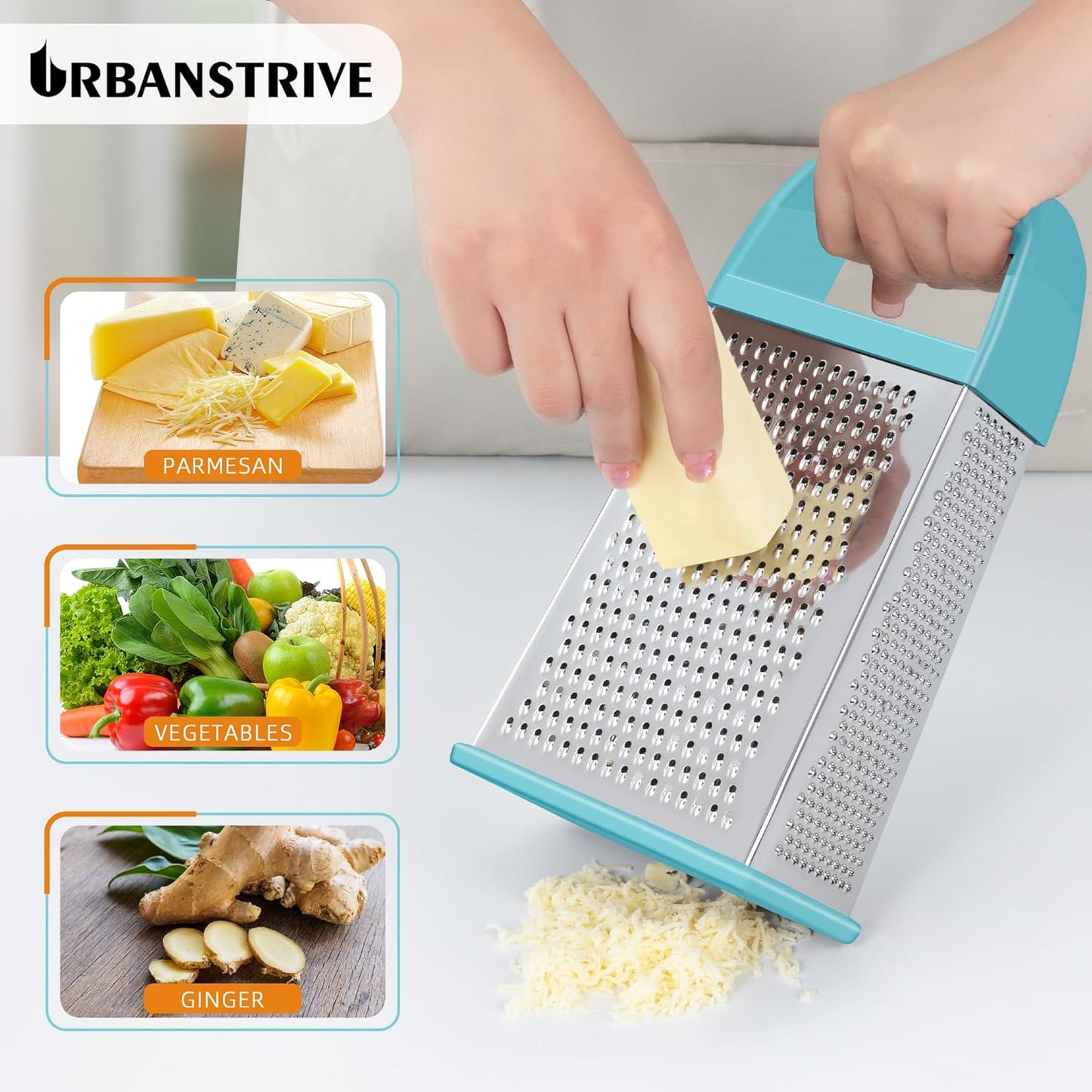 Urbanstrive Cheese Grater With Container, Professional Cheese Grater with Handle, Stainless Steel Graters for Kitchen Handheld, Box Grater with 4 Sides for Vegetables, Ginger, Potatoes (Blue)
