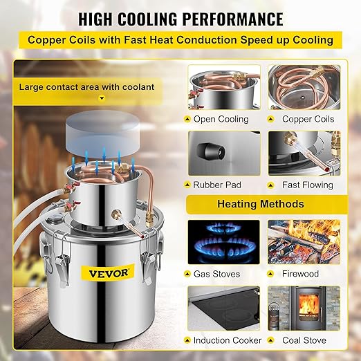 VEVOR Alcohol Still 8Gal/30L Alcohol Distiller Stainless Steel Distillery Kit for Alcohol with Copper Tube & Pump Home Brewing Kit Build-in Thermometer for DIY Whisky Wine Brandy