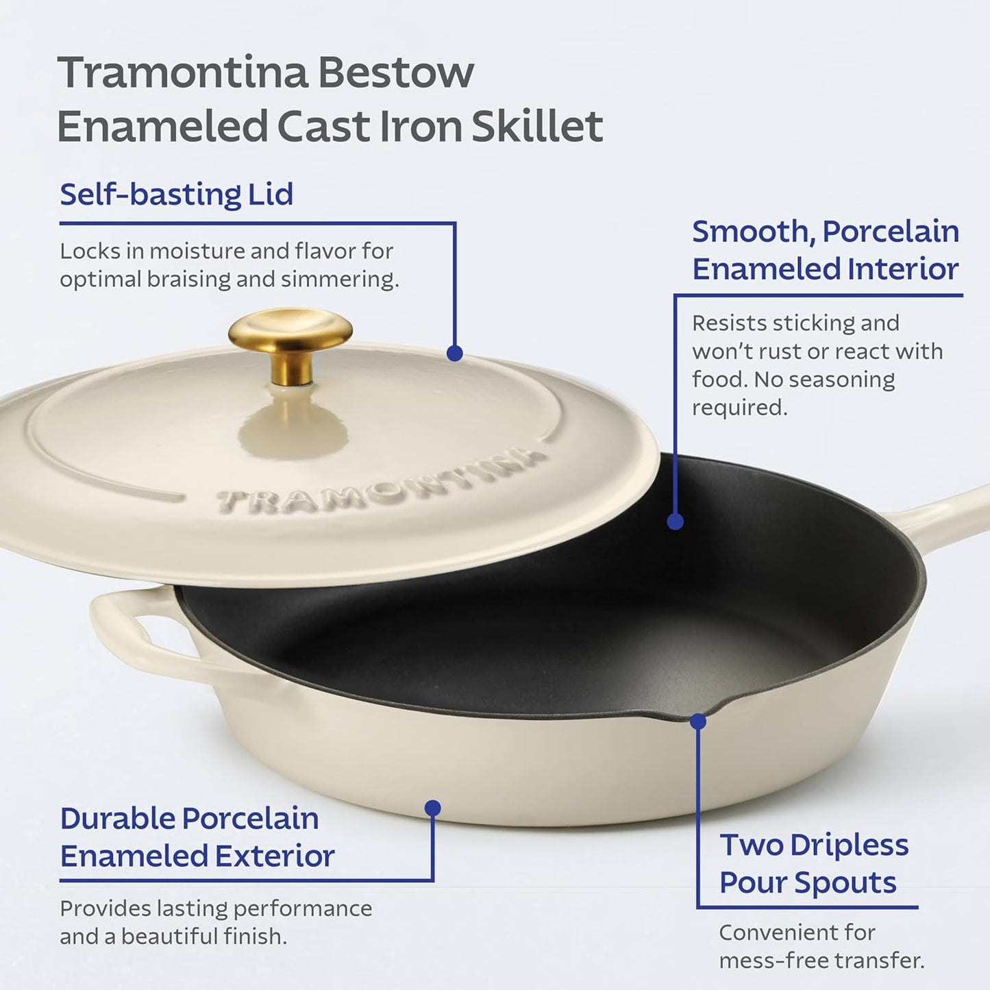 Tramontina Bestow Enameled Cast Iron Skillet with Lid, 12-inch Frying Pan, Latte with Gold Knob