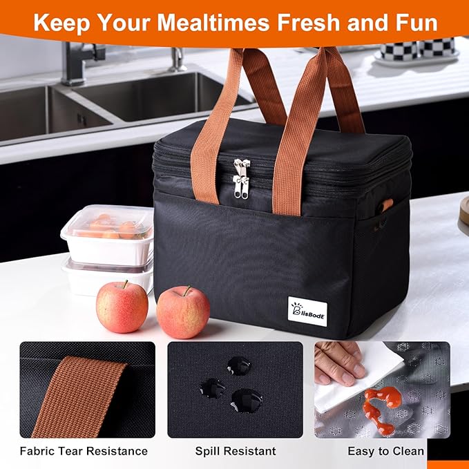Upgraded Insulated Lunch Bag & Lunch Box for Men and Women - 15-20L Expandable Double Deck, Leakproof Soft Cooler Bag with Side Tissue Pocket - Large Adult Lunch Tote for Work, Picnic, Beach (Black)