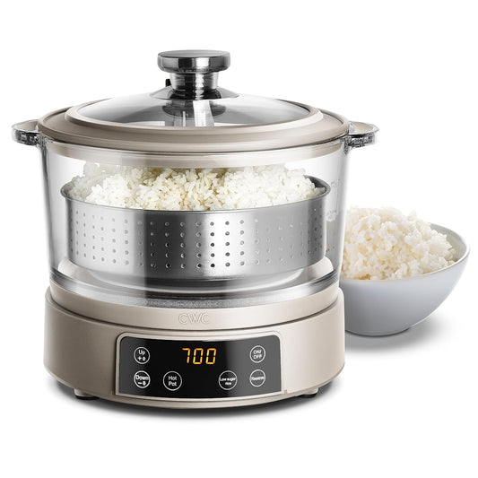 COOK WITH COLOR 3L Glass Low Carb Rice Cooker - Makes 6 Cups Cooked Low Sugar Rice with Auto Lift Filter Basket, Hotpot & Steamer for Rice, Grains and Oats, Digital Panel with Keep Warm, Sand
