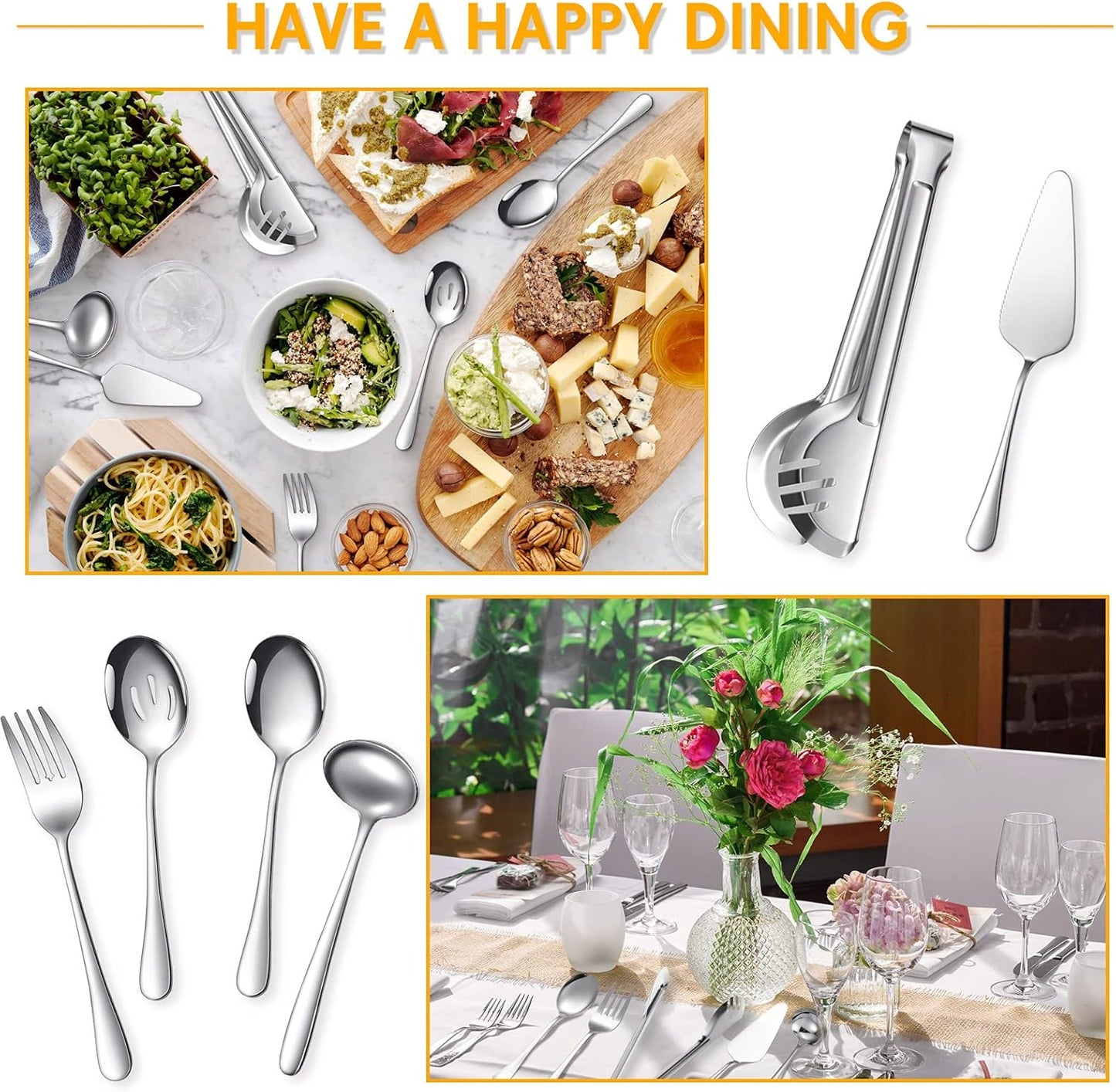 Patelai Serving Utensils Set Include Stainless Steel Large Spoons Slotted Spoons Forks Tongs Soup Ladle and Pie Server for Parties Buffet Catering, Dishwasher Safe(Silver,15 Pieces)