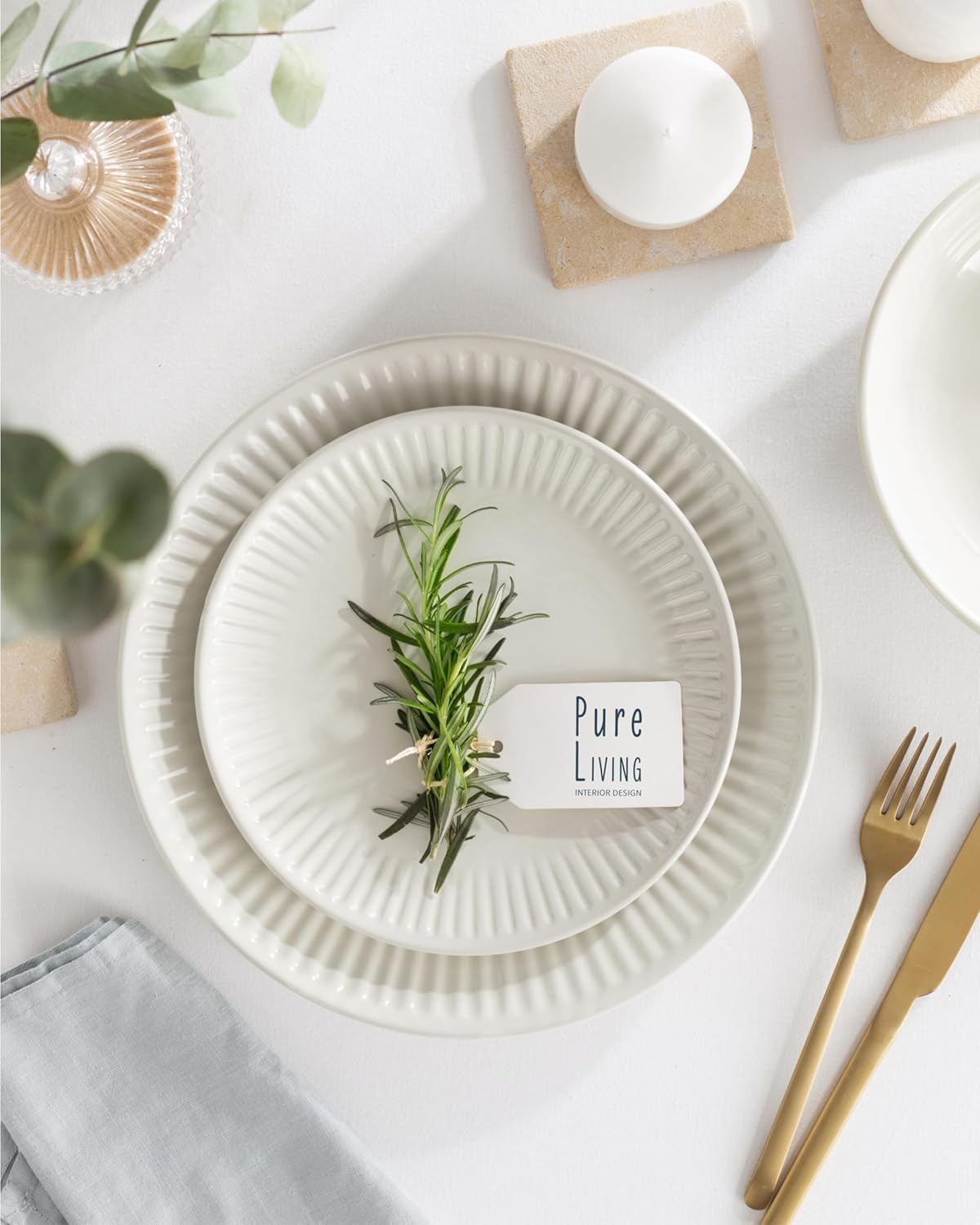 Stoneware Dinnerware Set for 4 People HYGGE 16-Piece - Elegant Scandi Design - Premium Dish Set - Bowl and Plate Set - Tableware for 4 People in a Ribbed Design - Pure Living in Beige