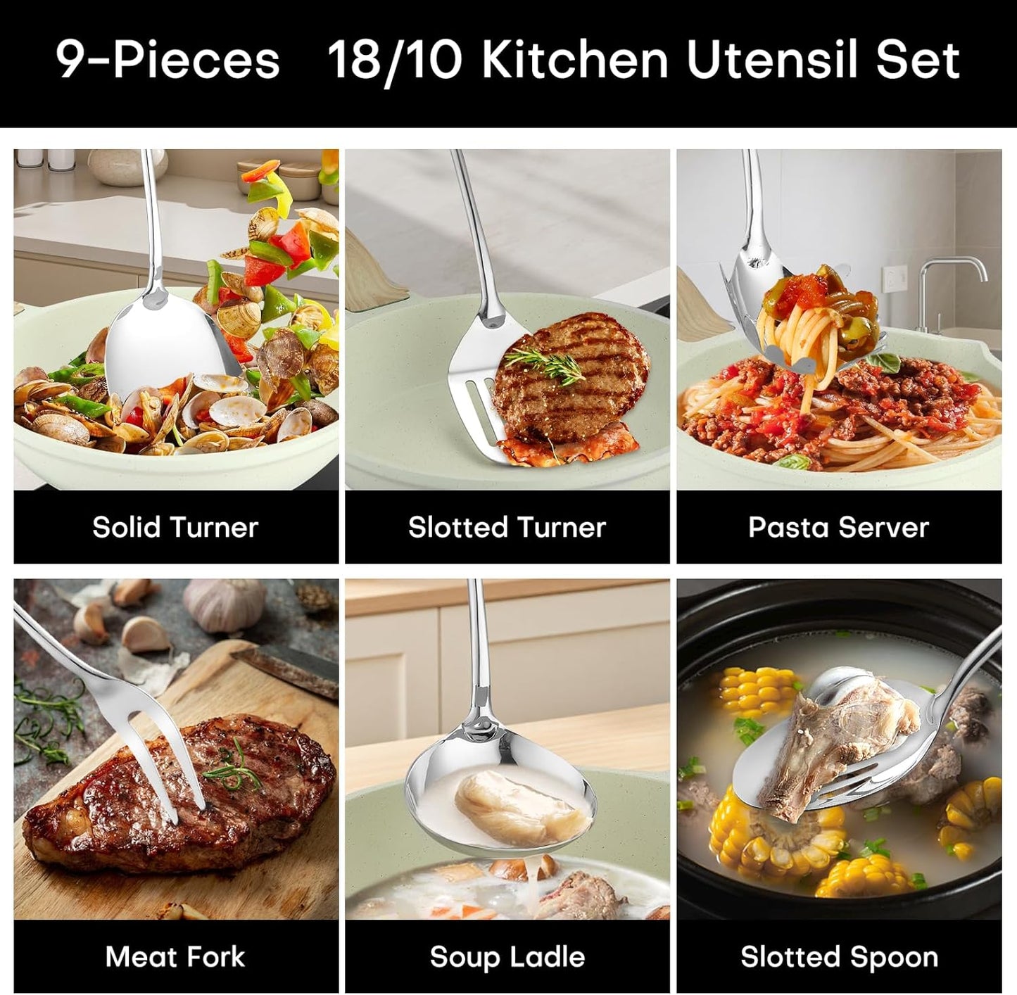 Lazycorner 304 Stainless Steel Kitchen Utensils Set 9-Piece Polished Mirror Finish Cooking Spoons, Slotted Spoon, Turner, Spatula, Pasta Spoon– Dishwasher Safe, Rust-Resistant