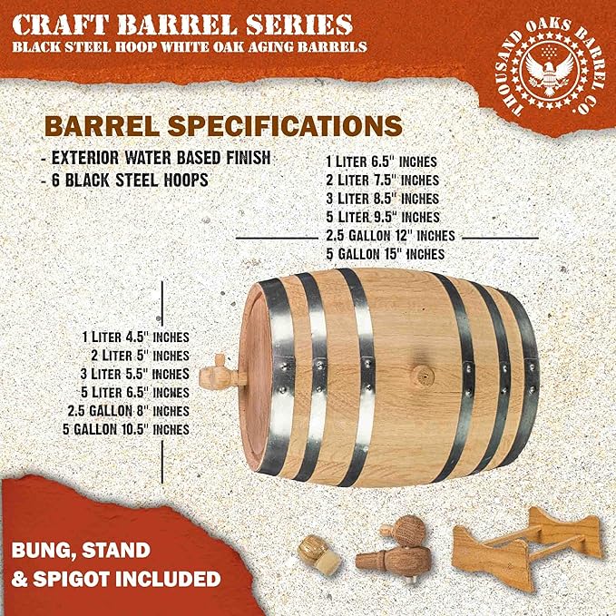 2 Liter Oak Aging Barrel with Wood Stand, Bung & Spigot - Mini Whiskey Barrels for The Home Alcohol Distiller, Moonshiner & Winemaker - Age Cocktails, Bourbon, Whisky, Tequila, Rum, Mead Wine (2L)