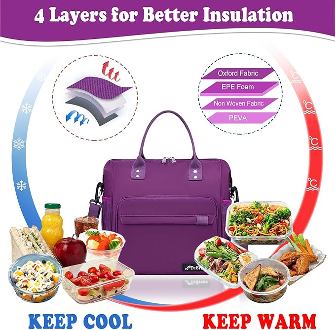 Purple Lunch Box for Women Insulated Lunch Bag Fits Bento Boxes, Snack and Foods, Ladies Lunch Tote Bag for Mother Mom Sister Friend Wife Her