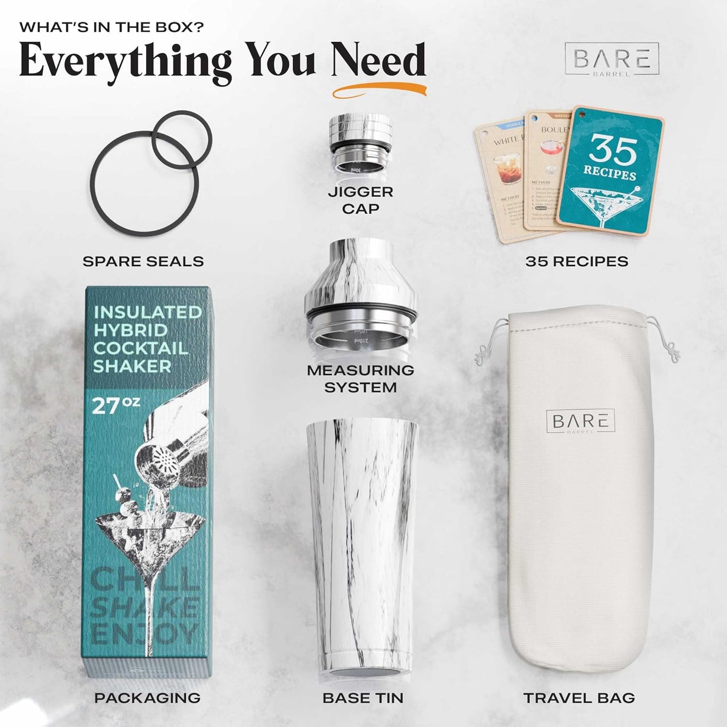 Insulated Cocktail Shaker Set | Double Wall Stainless Steel | Martini Shaker for Home Bar Bartending | Built-in Drink Measurement System & Strainer, Travel Bag, 35 Recipes | Gift Set (Marble)