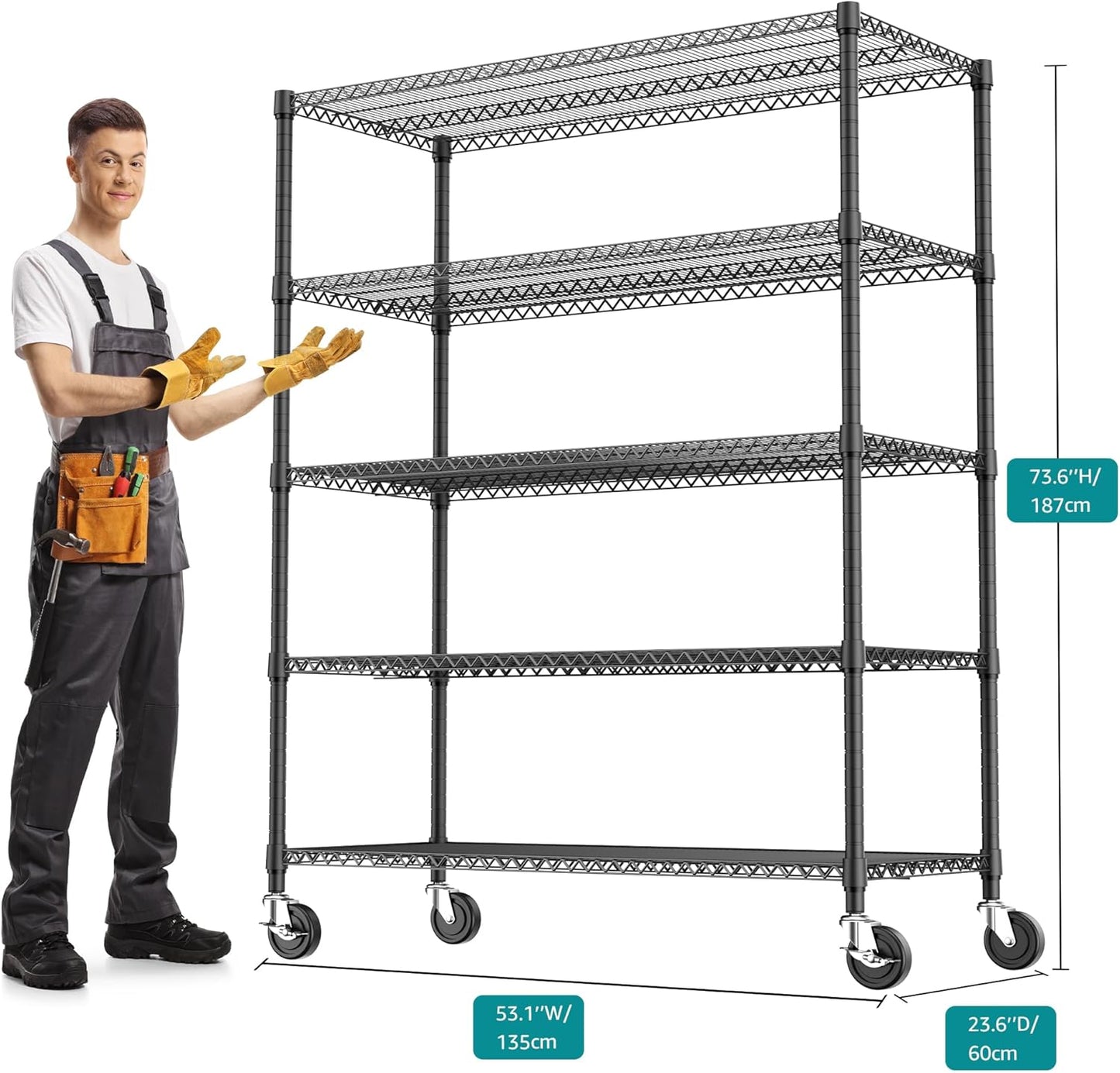 5 Tiers Shelf 3300 lbs Steel Storage Shelving Utility Shelving Unit Steel Organizer Wire Rack for Home,Kitchen,Office,Garage Black 23.6" D x 53.1" W x 73.6" H
