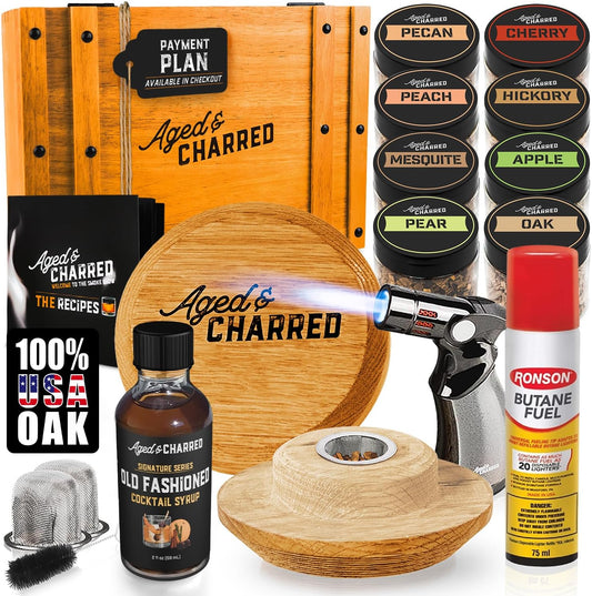 Whiskey Cocktail Smoker Kit with Torch, Old Fashioned Syrup & 8 Flavors Wood Chips - Premium USA Oak Smoker - Old Fashioned Smoker Kit - Bourbon Gifts for Men (with Butane)