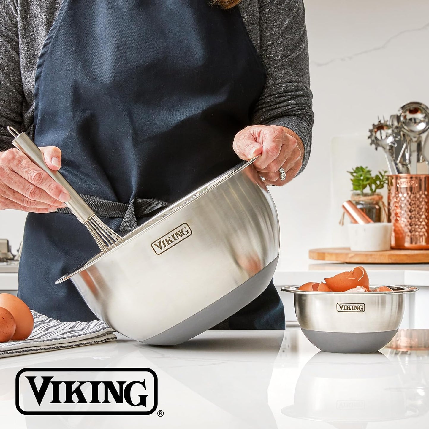 Viking Mixing Bowls Set, 10 Piece Stainless Steel Kitchen Cookware, Non-Slip Silicone Base, Includes Tight Fit Lids, Dishwasher Safe, Grey