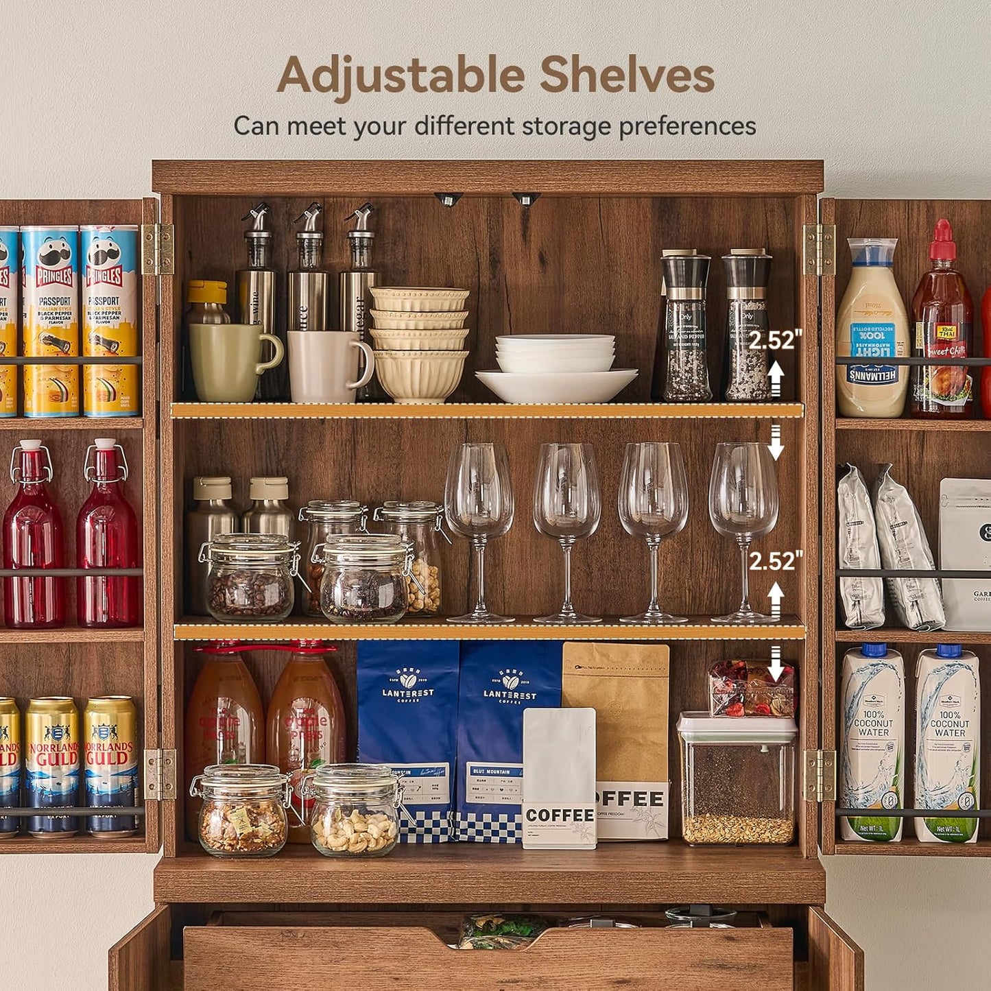 ONBRILL 71" Tall Kitchen Pantry Cabinet, Pantry Storage Cabinet with 6 Door Shelves, Hidden Drawer and Adjustable Shelf, Freestanding Rustic Wood Pantry for Kitchen, Dining Room (Vintage Brown)