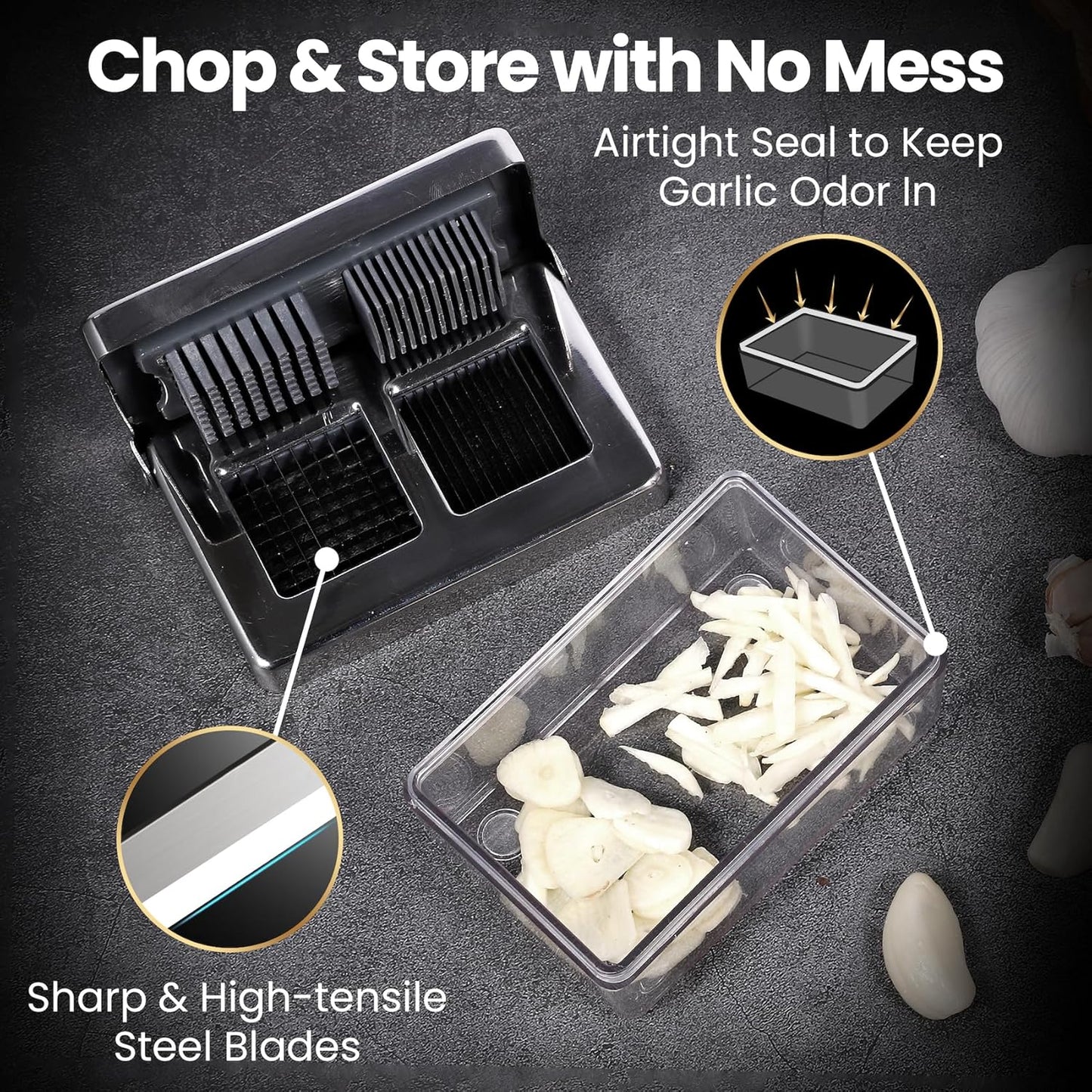 Garlic Press Stainless Steel, Garlic Chopper Mini & Slicer Super Thin 2 in 1, Odor Free Ginger Dicer with Storage Container, Dishwasher Safe Mini Chopper, Premium Mincer with 5 Year Warranty