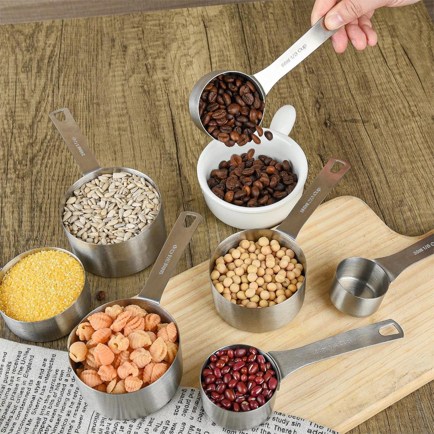 Smithcraft Measuring Cups Set of 7, 18/8 Stainless Steel Measuring Cups with 1/8, 1/4, 1/3, 1/2, 2/3, 3/4 & 1 Cup for Kitchen & Baking, Dry and Liquil Metal Metric Measure Cups Set