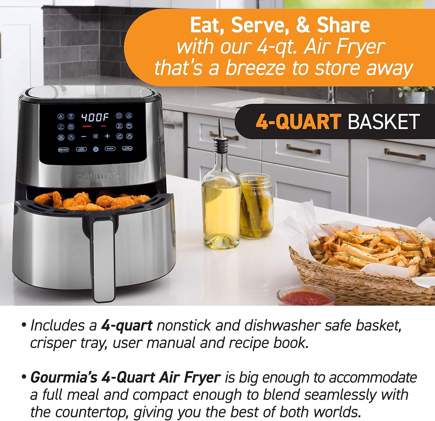 Gourmia 4-Qt Digital Air Fryer with Guided Cooking, Easy Clean, Stainless Steel