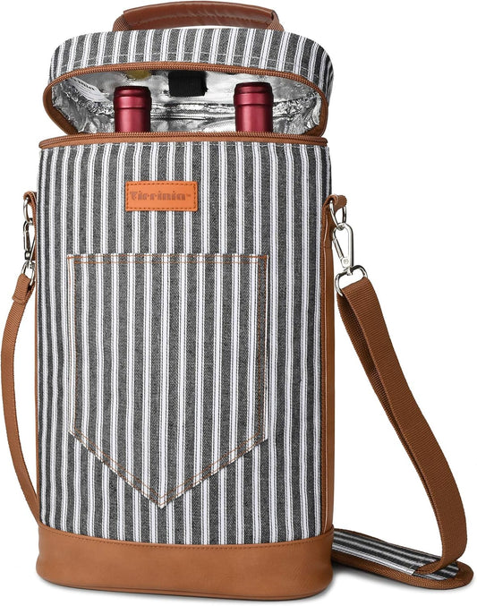 Tirrinia 2 Bottle Wine Gift Tote Carrier - Leakproof & Insulated Padded Versatile Wine Cooler Bag for Travel, BYOB Restaurant, Wine Tasting, Party, Dinner,Gift for Wine Lovers, Black Stripe
