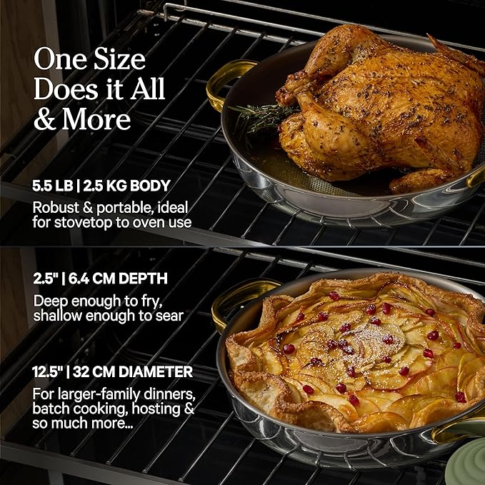 Our Place Titanium Large Always Pan Pro - 12.5” (4.2 Qt) No-Coating Nonstick Skillet | Tri-Ply Titanium & Stainless Steel | Safe for Oven, Induction & Cooktops up to 750°F | Includes Spatula | Gold