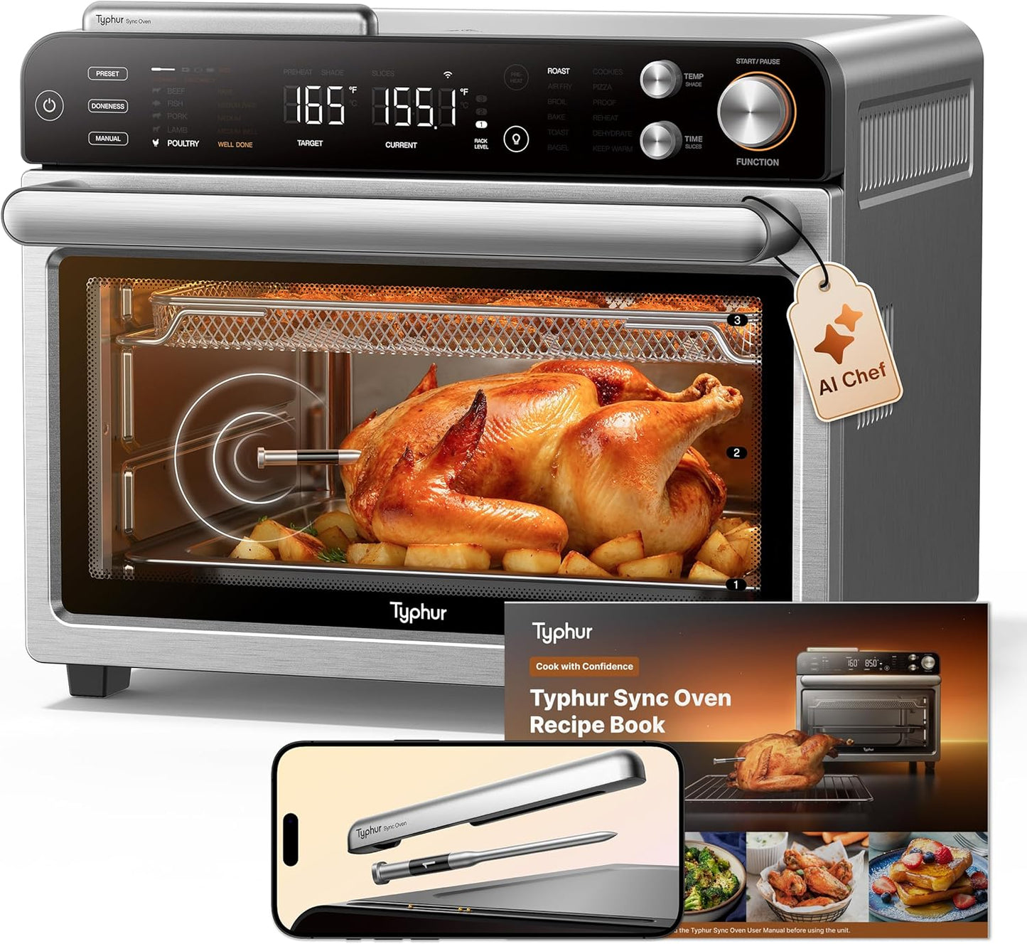 Typhur Sync Oven with Smart Wireless Meat Thermometer Probe, 12‑in‑1 Countertop Air Fryer Toaster Oven Combo, 360° Turbo Convection, Dehydrator, Recipes & 5 Accessories, Large 27QT, Stainless Steel