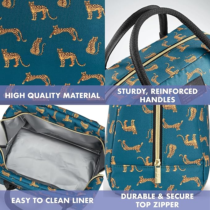 Fit & Fresh Bloomington Lunch Bag for Women - Insulated Large Lunch Box for Work with Containers, Leak-Resistant, Stain-Resistant, Zipper Closure, Teal Cheetah