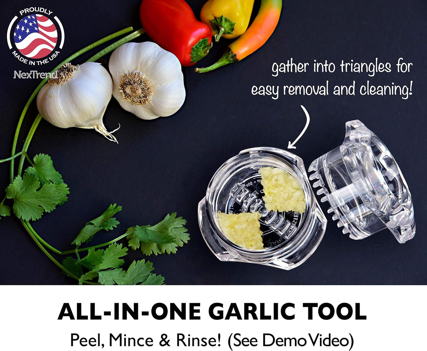 Nextrend Garlic Twister 4th Gen – Garlic Mincer & Garlic Press in One - for Ginger, Herbs, Nuts & more, BPA-Free, Dishwasher Safe, 3–5 Clove Capacity - Clear