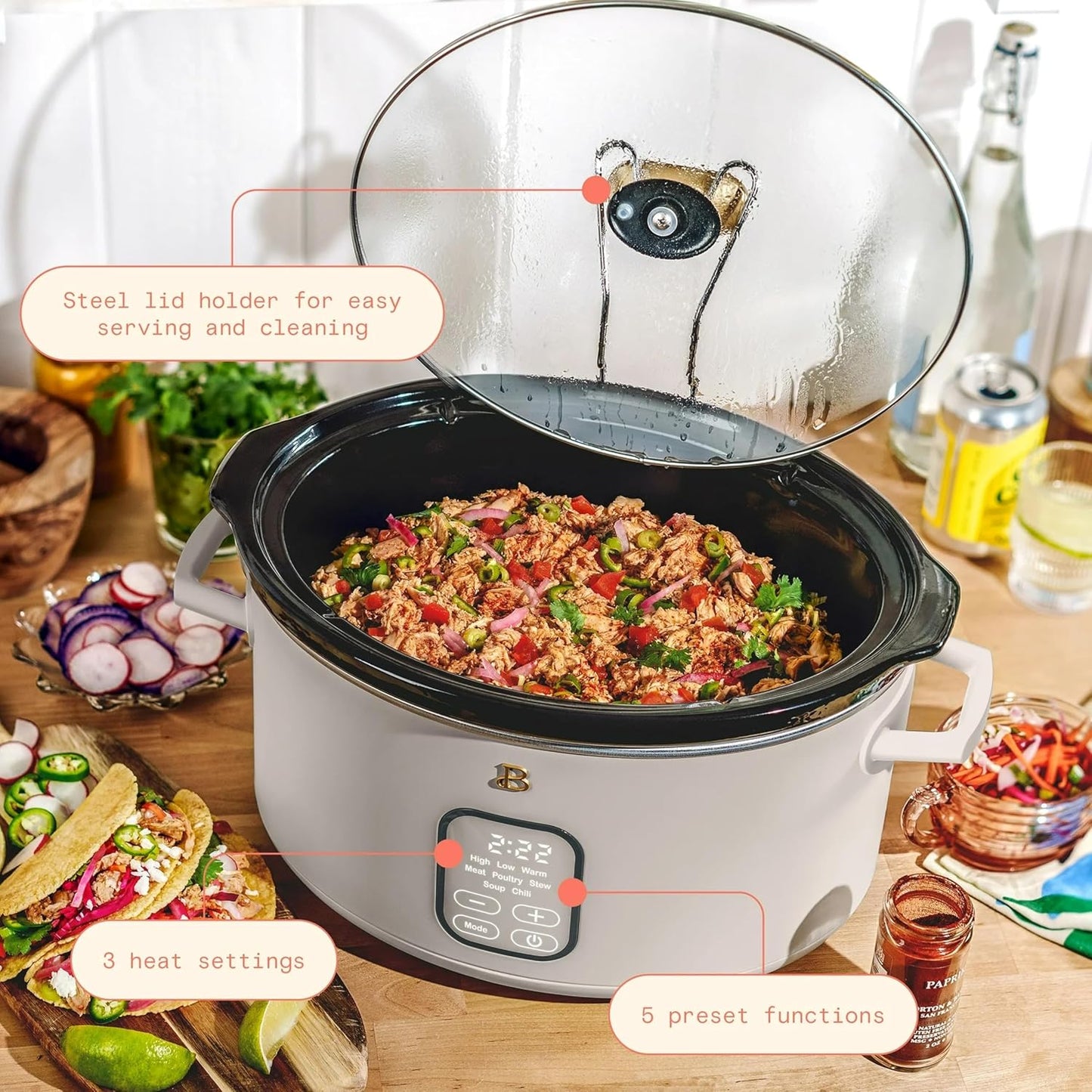 Beautiful 6 Qt Programmable Slow Cooker by Drew Barrymore - 5 Preset Cooking Functions, Digital Countdown Timer, Dishwasher-Safe Parts, and Cool-Touch Handles (Porcini Taupe.)