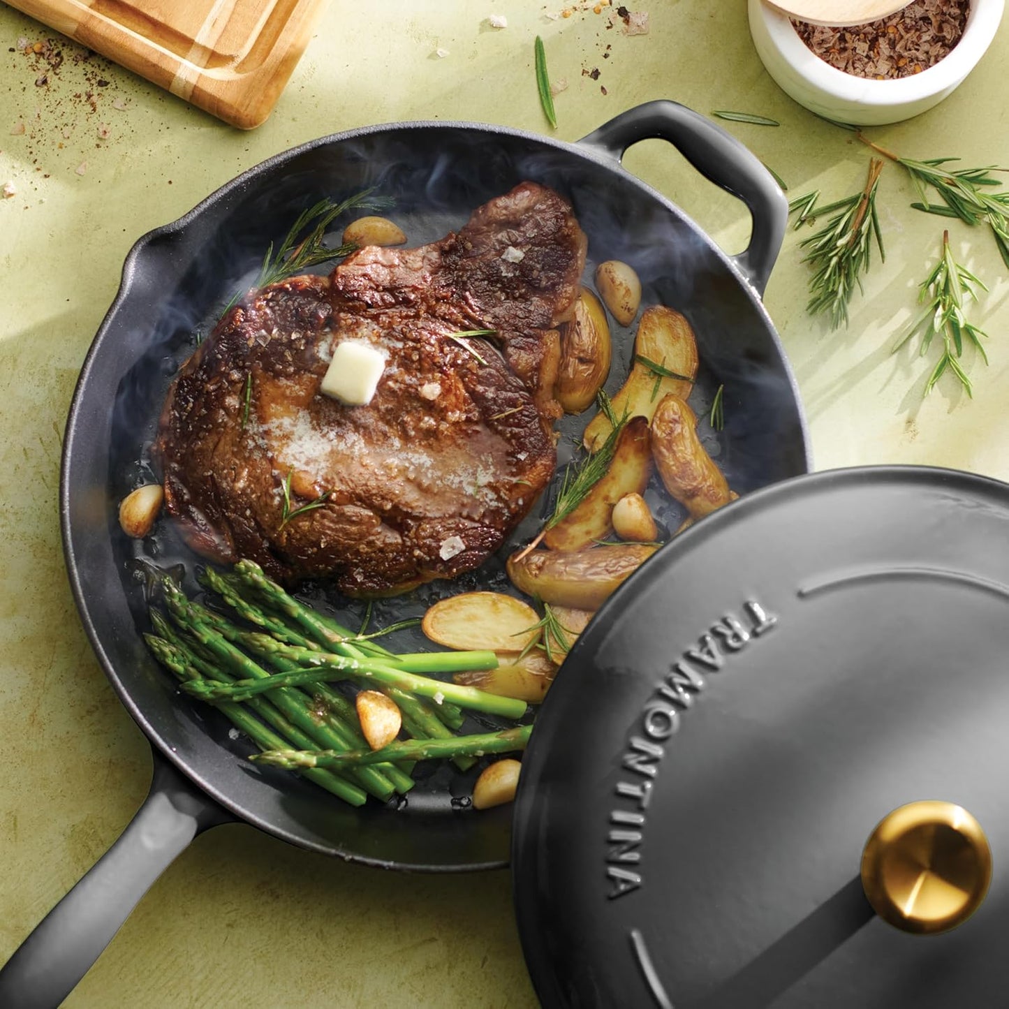 Tramontina Bestow Enameled Cast Iron Skillet with Lid, 12-inch Frying Pan, Smoke with Gold Knob