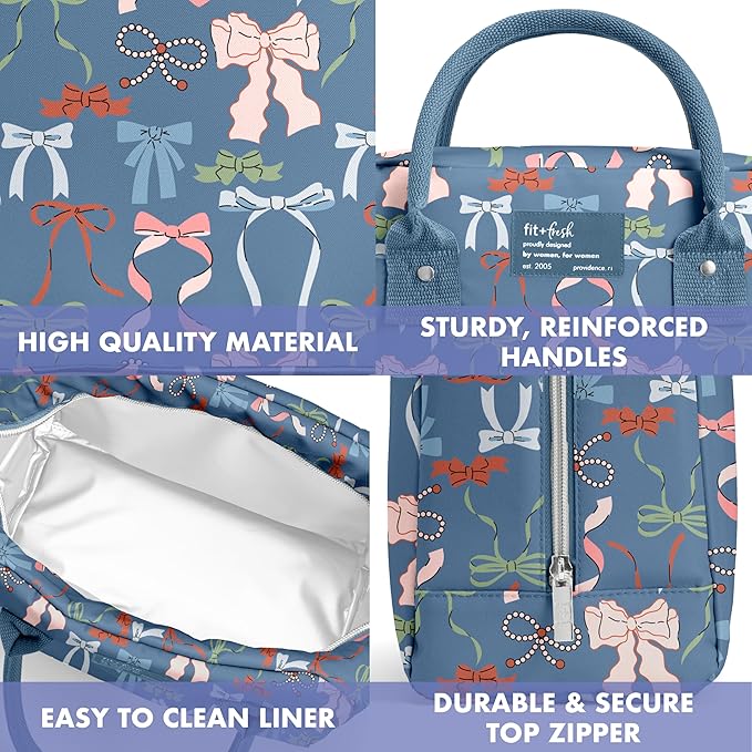 Fit & Fresh Bloomington Lunch Bag for Women - Insulated Large Lunch Box for Work with Containers, Leak-Resistant, Stain-Resistant, Zipper Closure, Denim Bows