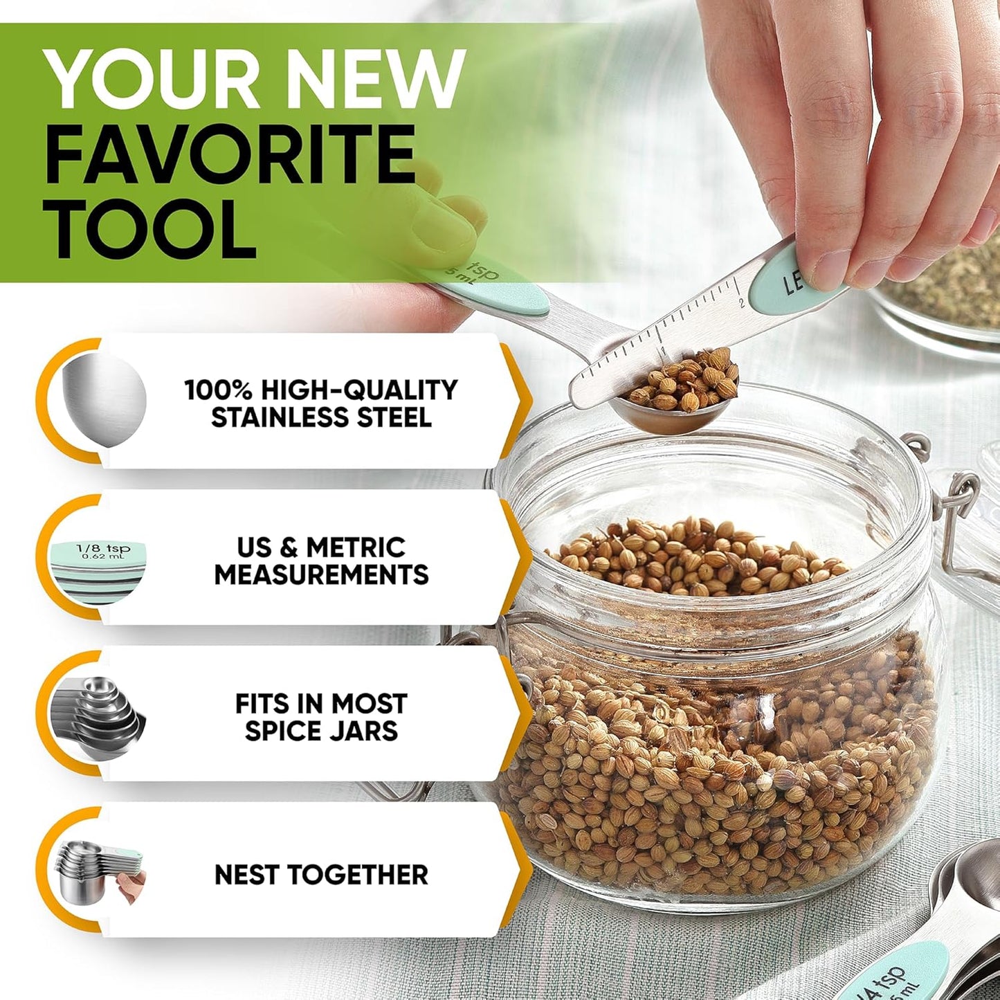 Spring Chef Magnetic Measuring Cups & Spoons Set, Patented, Strong N45 Magnets, Heavy Duty Stainless Steel Fits in Spice Jars for Baking & Cooking, BPA Free, Round Set of 15 with Leveler, Mint