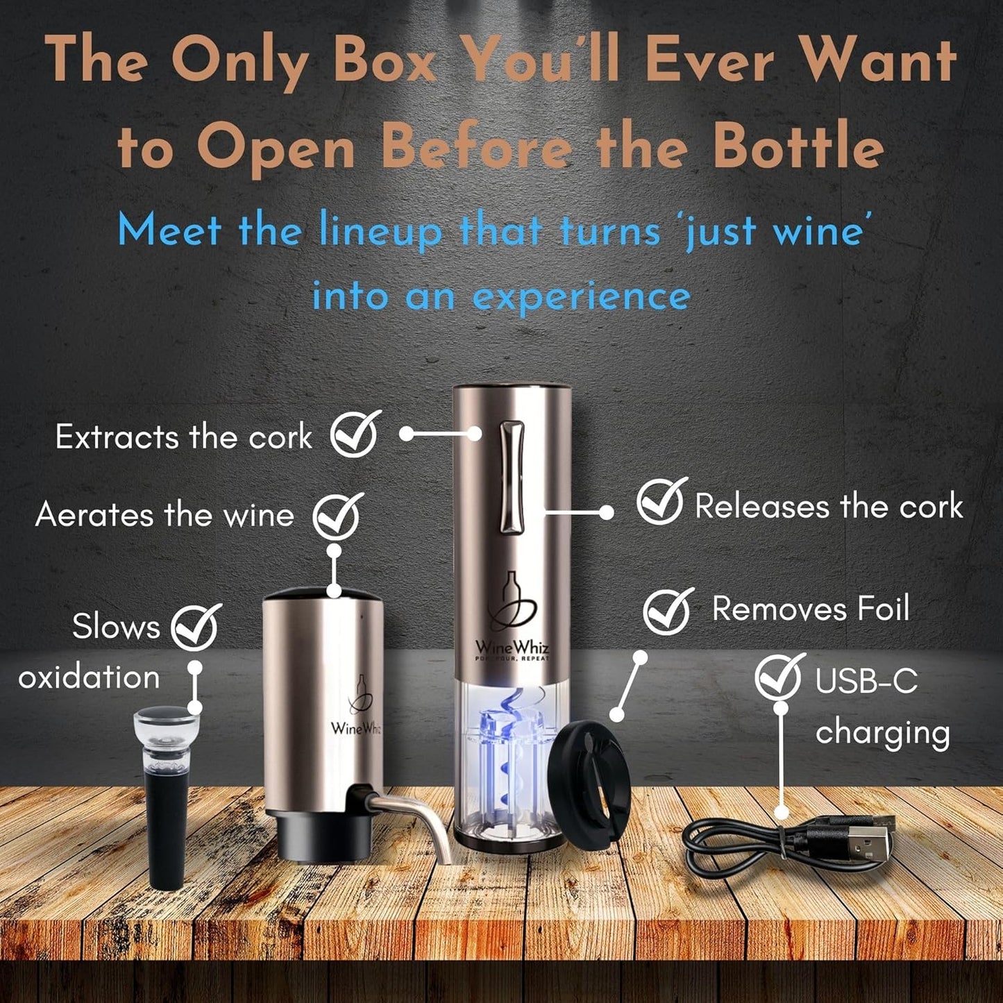 Electric Wine Aerator & Opener Set with Accessories, Rechargeable Automatic Corkscrew, Aerator, Dispenser, Foil Cutter Tool, Stopper, Wine Lovers Gift for Housewarming, Birthday, Registry, Anniversary