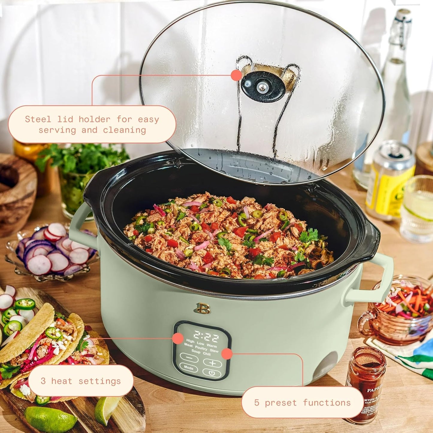 Beautiful 6 Qt Programmable Slow Cooker by Drew Barrymore - 5 Preset Cooking Functions, Digital Countdown Timer, Dishwasher-Safe Parts, and Cool-Touch Handles (Sage Green.)
