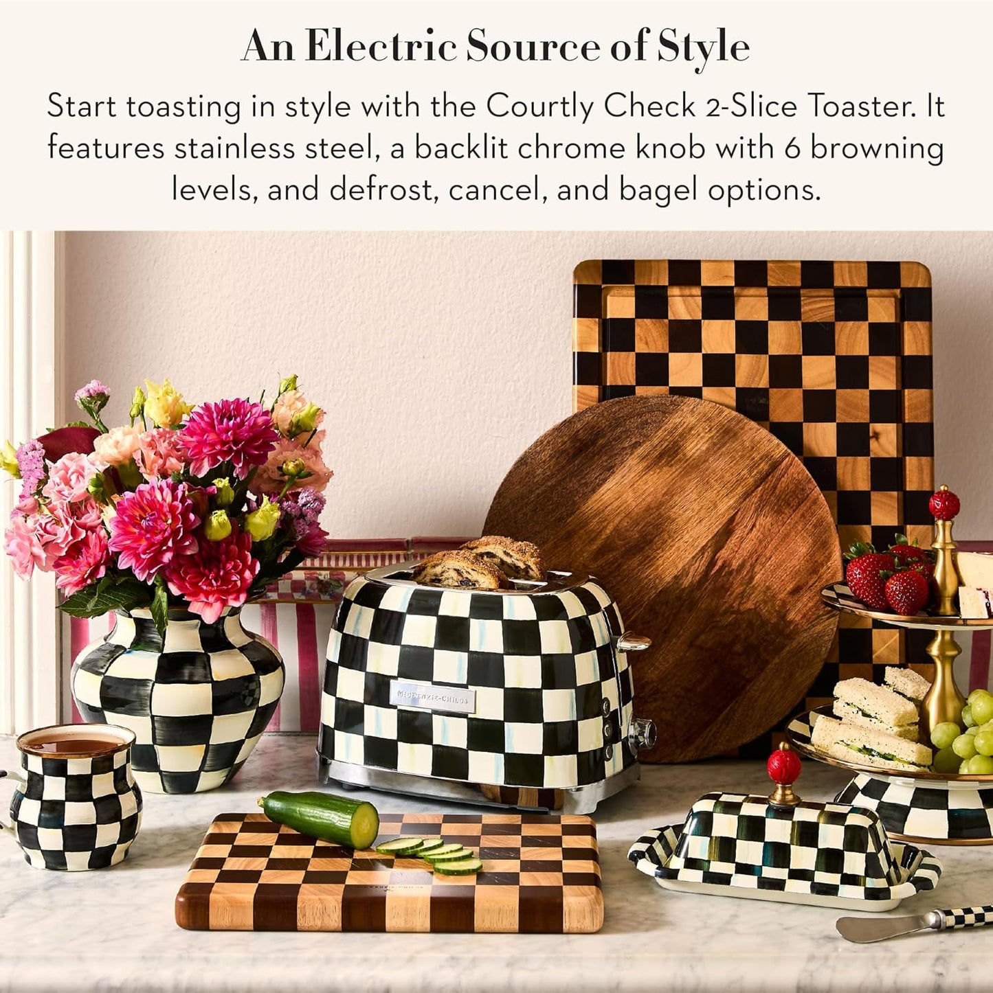 MACKENZIE-CHILDS 2-Slice Toaster, Decorative Toaster for Kitchen, Black-and-White Courtly Check