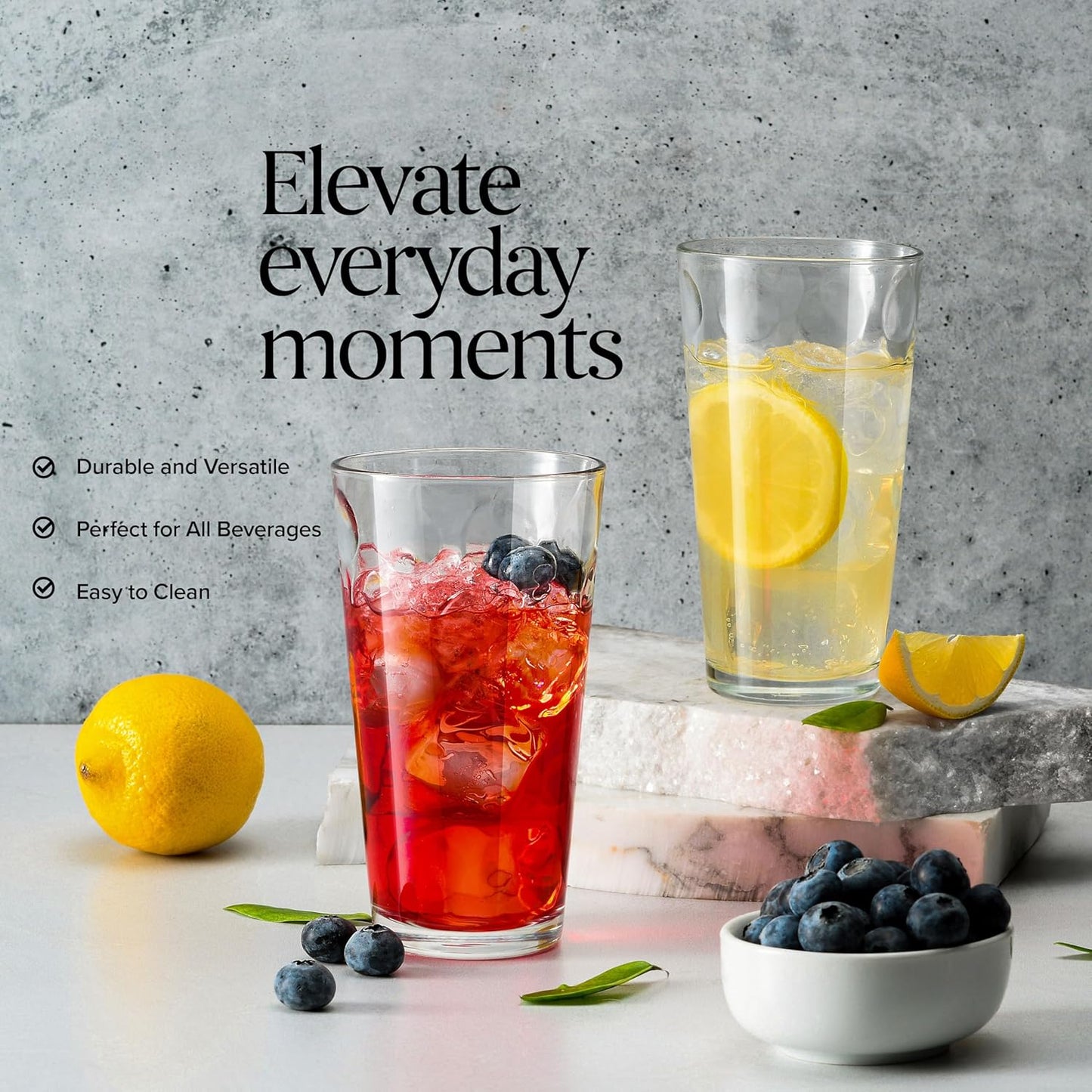 Home Essentials & Beyond Drinking Glasses Set of 4 Highball Glass Cups Bar Glasses, Uses for Juice, Water, Cocktails, Beverages, and Iced Tea. Dishwasher Safe