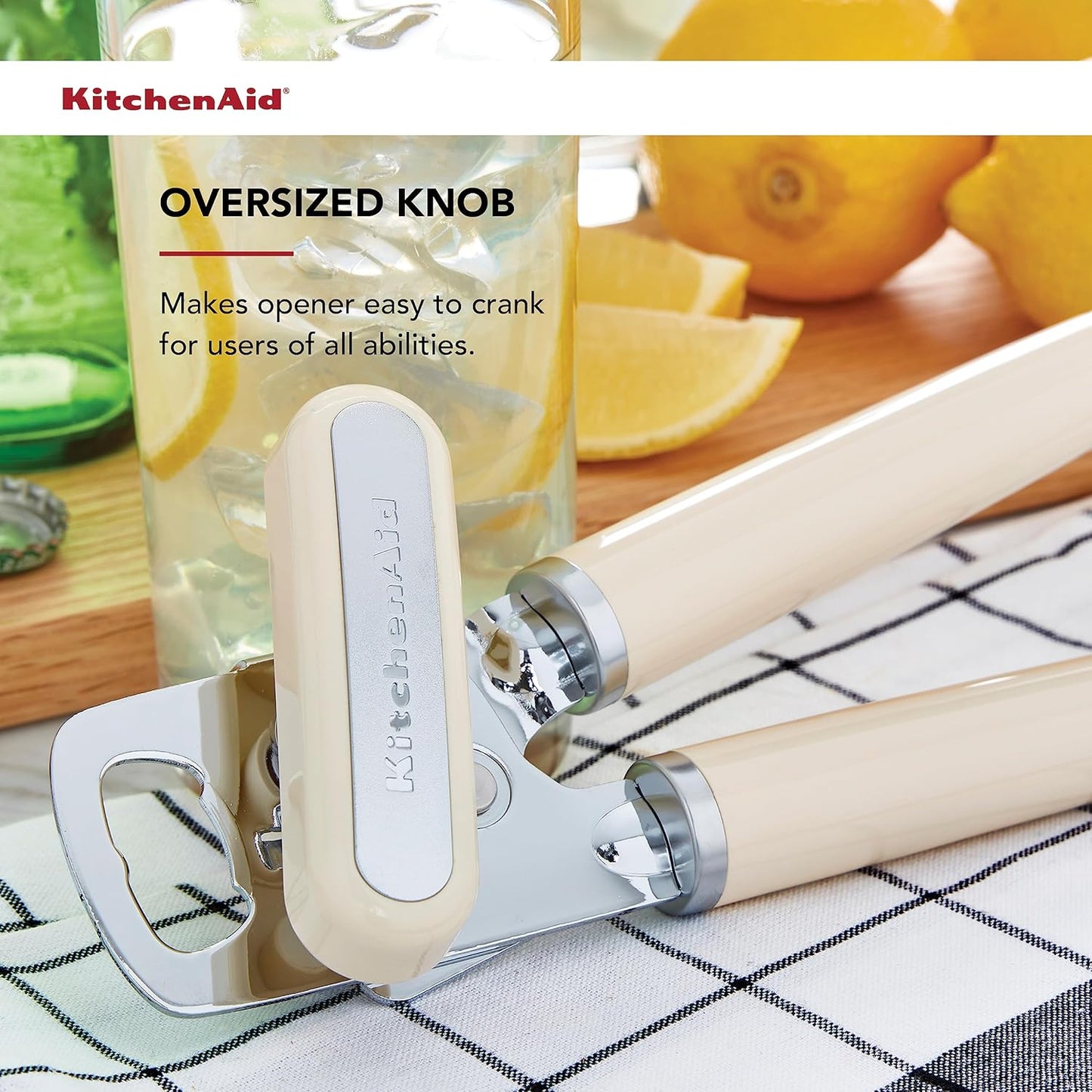 KitchenAid Classic Multifunction Can Opener and Bottle Opener Easy to Use, Razor Sharp Stainless Steel Cutting Wheel, Soft Ergonomic Handles, Almond Cream