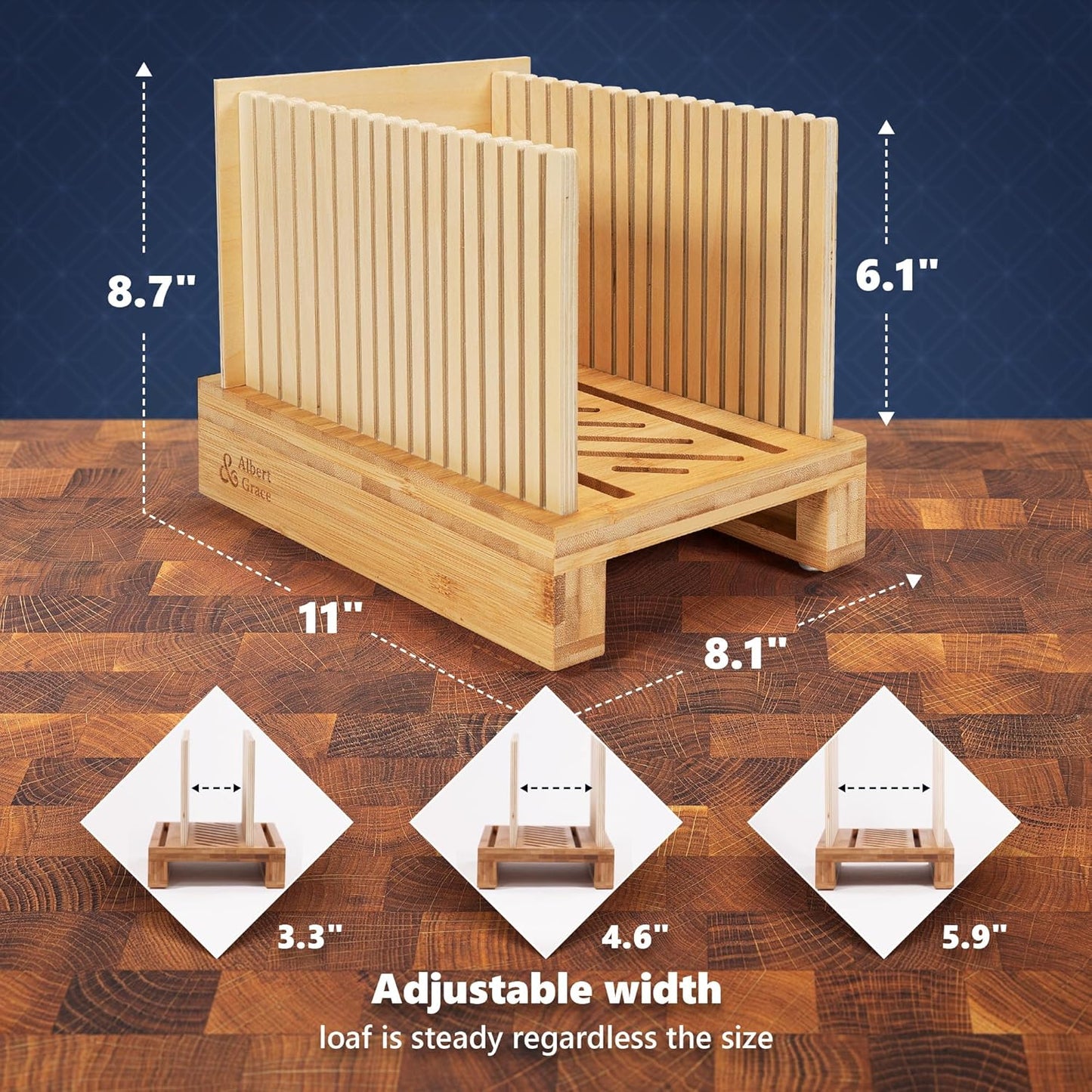 Albert&Grace Bamboo Bread Slicer for Homemade Bread – Adjustable Width Slicing Guides, Compact & Foldable Sourdough Loaf Cutter for Perfect Slices & Halving Bagels