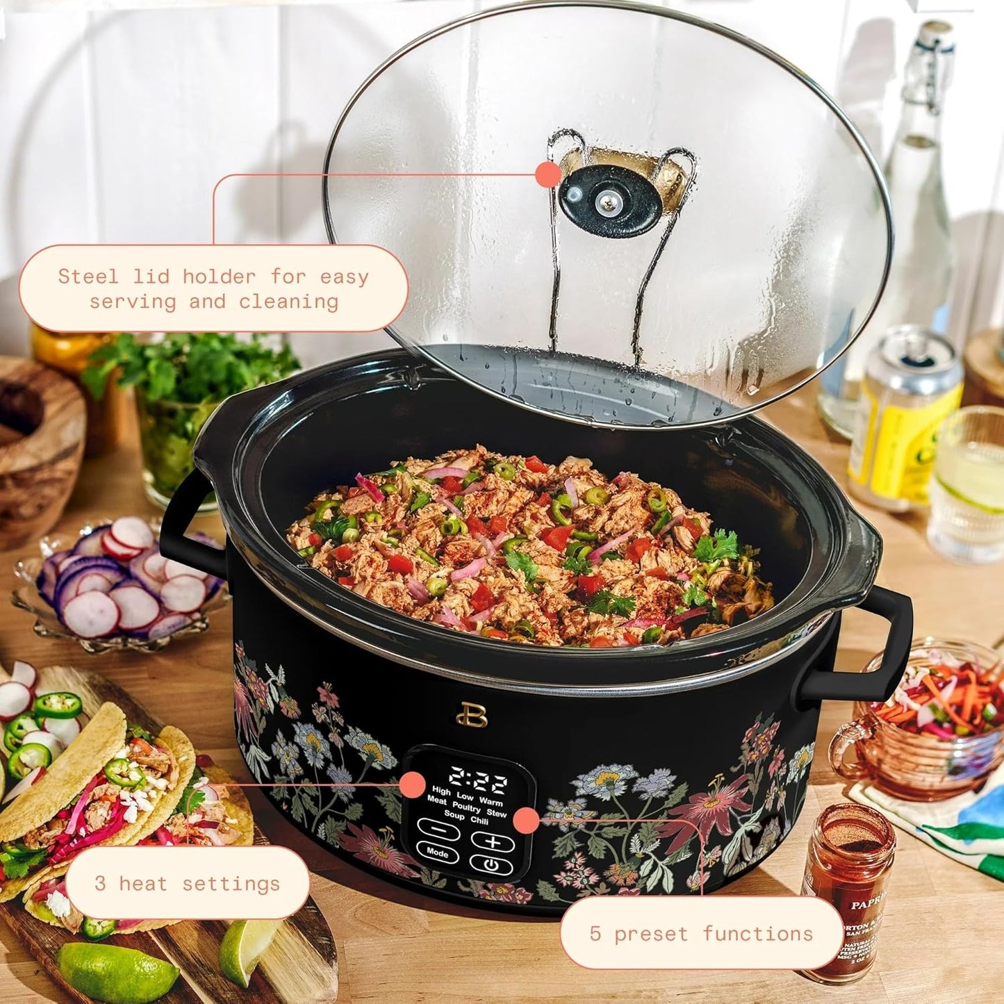 Beautiful 6 Qt Programmable Slow Cooker by Drew Barrymore - 5 Preset Cooking Functions, Digital Countdown Timer, Dishwasher-Safe Parts, and Cool-Touch Handles (Black) (Wildflower Black)