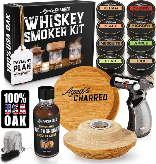 Whiskey Smoker Kit with Torch and Old Fashioned Syrup - 8 Flavors Wood Chips - Bourbon Gifts for Men, Cocktail Smoker kit - USA Oak Smoke Lid (No Butane)