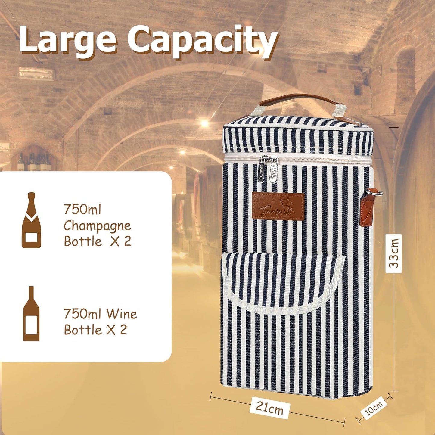 Tirrinia 2 Bottle Wine Gift Tote Carrier - Leakproof & Insulated with large pockets Wine Cooler Bag for Travel, Wine Tasting, Party, Dinner,Great Gift for Wine Lover