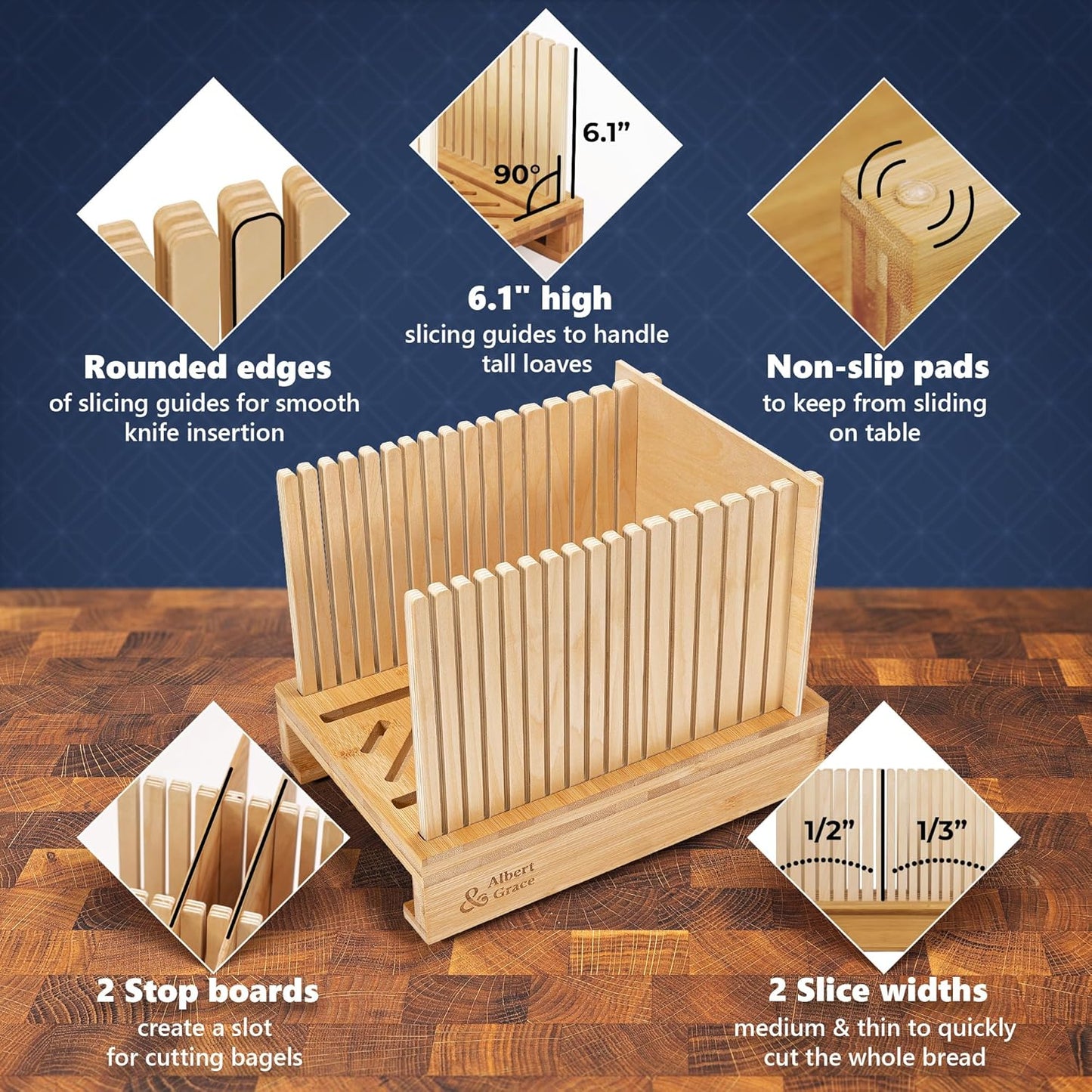 Albert&Grace Bamboo Bread Slicer for Homemade Bread – Adjustable Width Slicing Guides, Compact & Foldable Sourdough Loaf Cutter for Perfect Slices & Halving Bagels